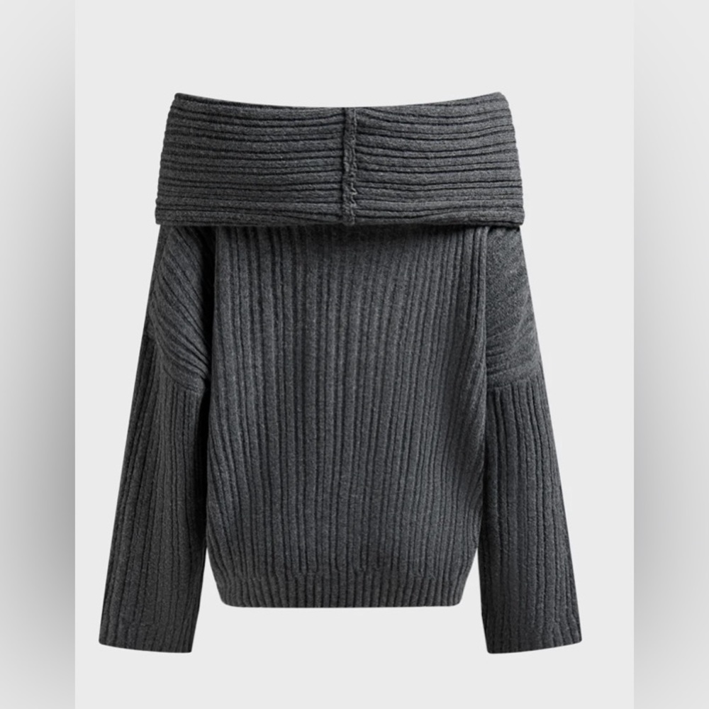 Off-the-Shoulder Ribbed Sweater - Gray - Picture 3 of 8
